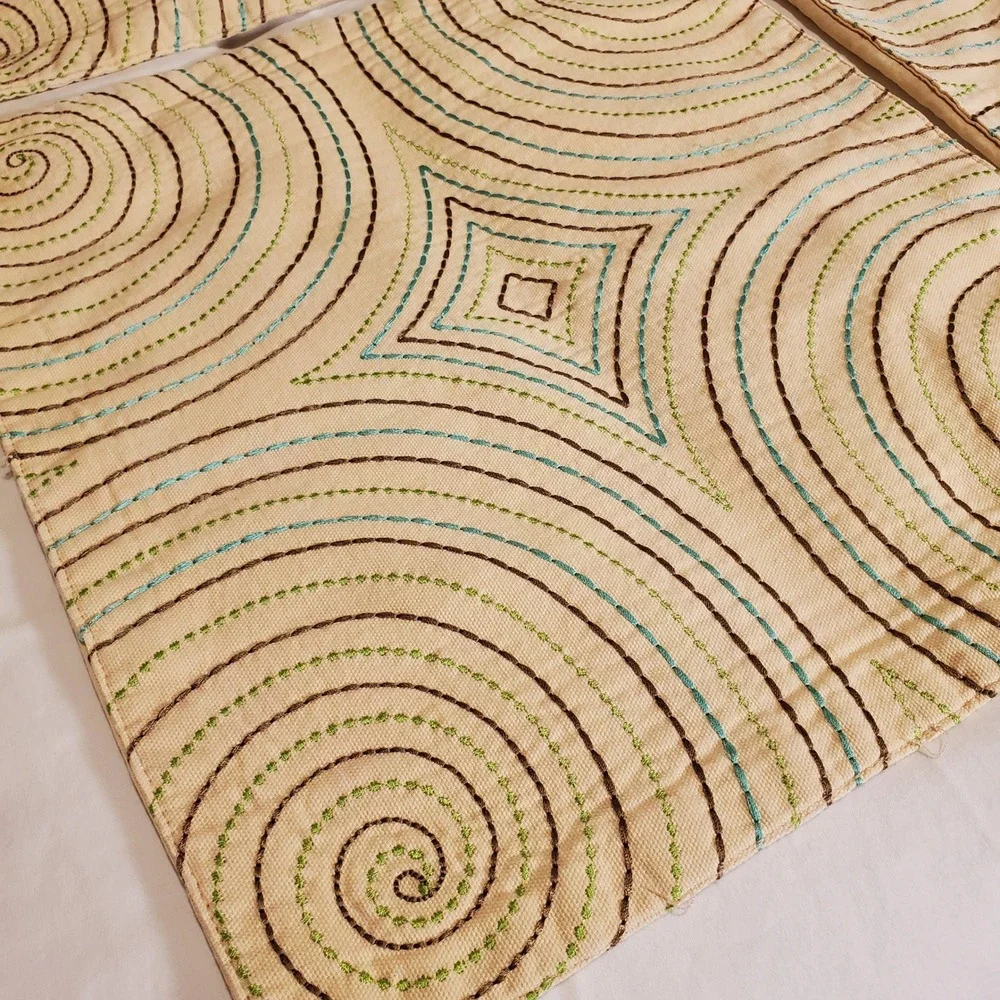 Set of 4 Embroidered Cotton Square Placemats Cream Teal Brown Spiral Geometric